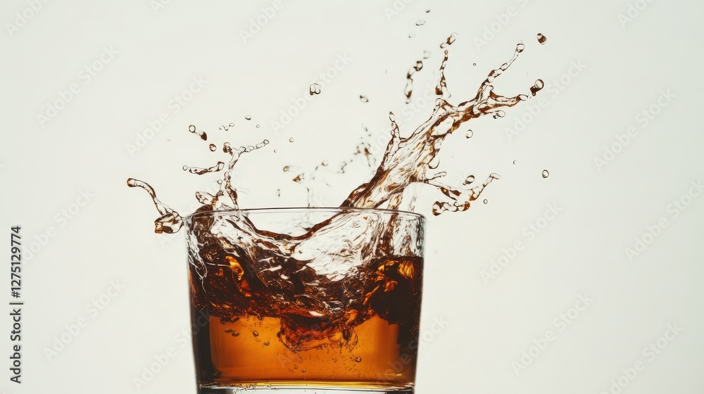 Splashing drink in a glass creating dynamic water droplets against a light background Splashing drink in a glass creating dynamic water droplets against a light background