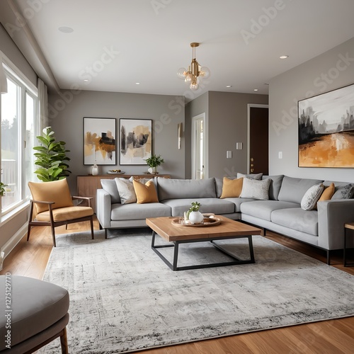 Modern Living Room Interior Design with Grey Sectional Sofa and Mustard Yellow Accents
