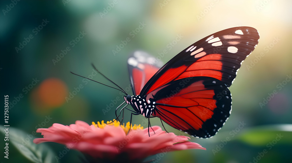 Fototapeta premium A vibrant red butterfly perched delicately on a blooming flower, capturing the beauty of nature in stunning detail.