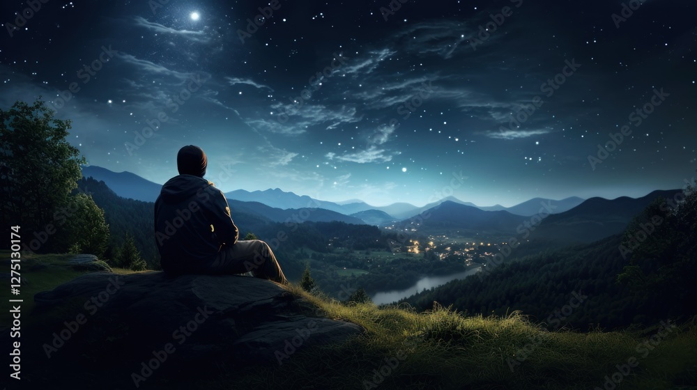 Contemplative silhouette gazes at a celestial nightscape above tranquil hills Contemplative silhouette gazes at a celestial nightscape above tranquil hills