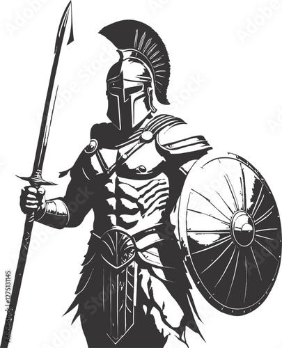 A highly detailed black and white vector illustration of a Spartan warrior from the waist up. The warrior wears an iconic Corinthian helmet with a tall plume, covering most of his face except for the 
