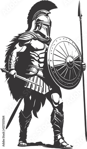 A highly detailed black and white vector illustration of a Spartan warrior from the waist up. The warrior wears an iconic Corinthian helmet with a tall plume, covering most of his face except for the 