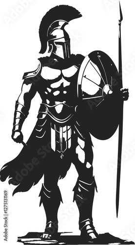 A highly detailed black and white vector illustration of a Spartan warrior from the waist up. The warrior wears an iconic Corinthian helmet with a tall plume, covering most of his face except for the 
