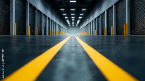 A wide industrial warehouse with clear floor markings and bright lighting, showcasing a spacious and organized work environment.