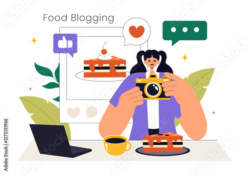 Food Blogger Vector Illustration featuring an Influencer Reviewing and Sharing Culinary Experiences on a Blog at a Restaurant in a Flat Background