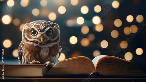 Wallpaper Mural A wise owl perched on an open book, surrounded by a dreamy bokeh background, symbolizing knowledge and curiosity. Torontodigital.ca