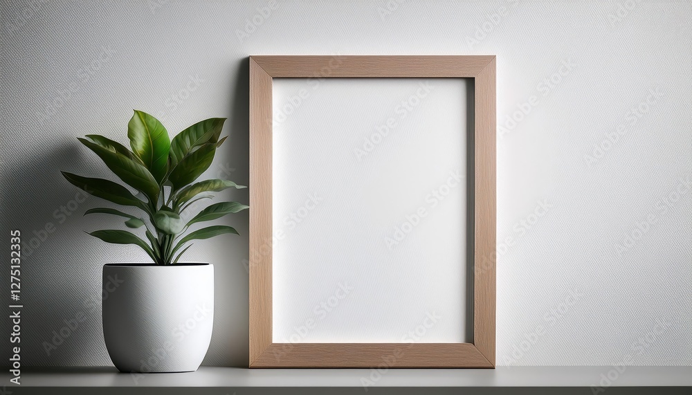 Minimalistic Blank Frame with a Vibrant Potted Plant in a Chic Space, Offering Versatility for Artwork Display or Stylish Home Decor, Emphasizing Simplicity and Natures Beauty Minimalistic Blank Frame with a Vibrant Potted Plant in a Chic Space, Offering Versatility for Artwork Display or Stylish Home Decor, Emphasizing Simplicity and Natures Beauty