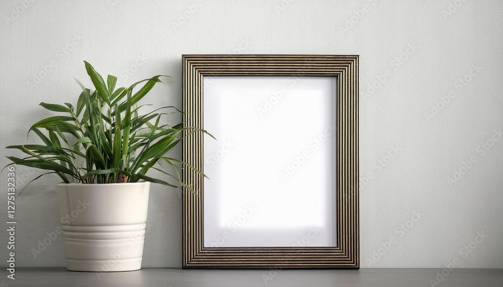 Minimalist Artwork Backdrop Blank Frame Enhanced by Potted Greenery Amidst Modern Interior Scene, Emanating Serenity and Calm for Creative Ventures Minimalist Artwork Backdrop Blank Frame Enhanced by Potted Greenery Amidst Modern Interior Scene, Emanating Serenity and Calm for Creative Ventures