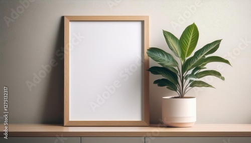 Sleek Minimalist Canvas Framed by Greenery A Modern Blank Slate for Artistry and Home Decor, Inviting Creative Expression and Tranquility