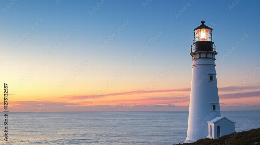 A picturesque lighthouse stands on a cliff, overlooking the calm sea during sunset, casting a warm glow across the sky.
