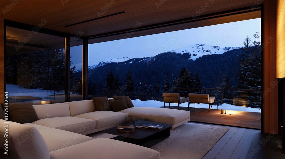 Fototapeta premium Modern Scandinavian Interior Living Room With Mountain View At Night
