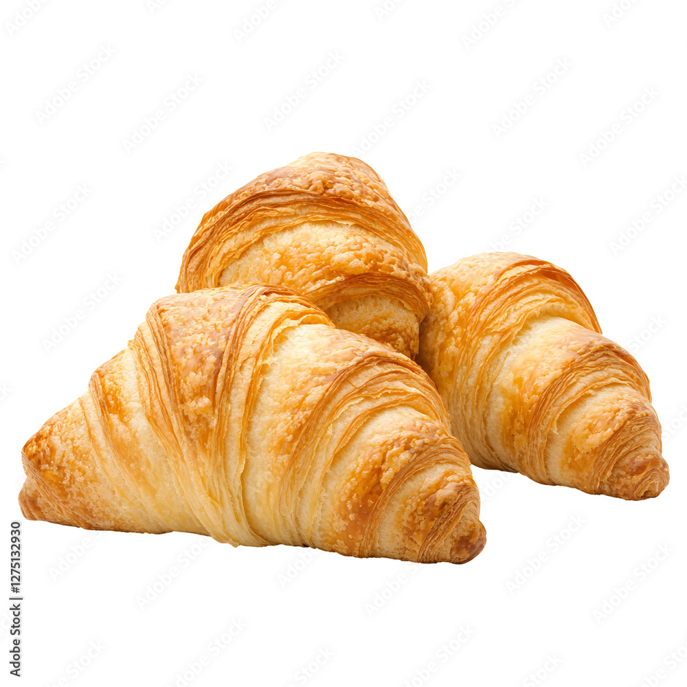 Close up studio shot of three golden brown croissants against a transparent background Close up studio shot of three golden brown croissants against a transparent background