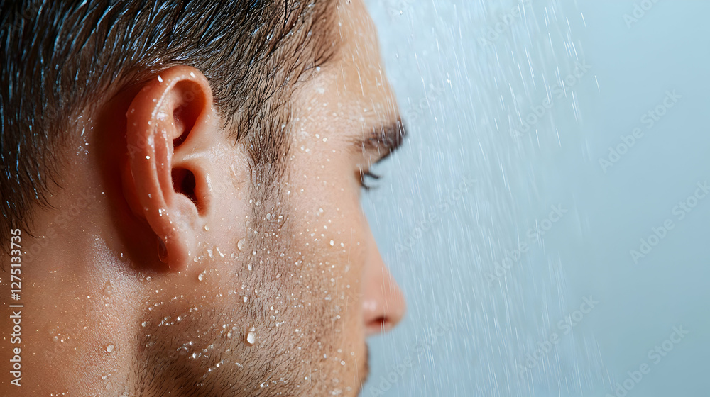 Fototapeta premium Close-up of a man's profile with water droplets on his face, creating a refreshing and intimate atmosphere.
