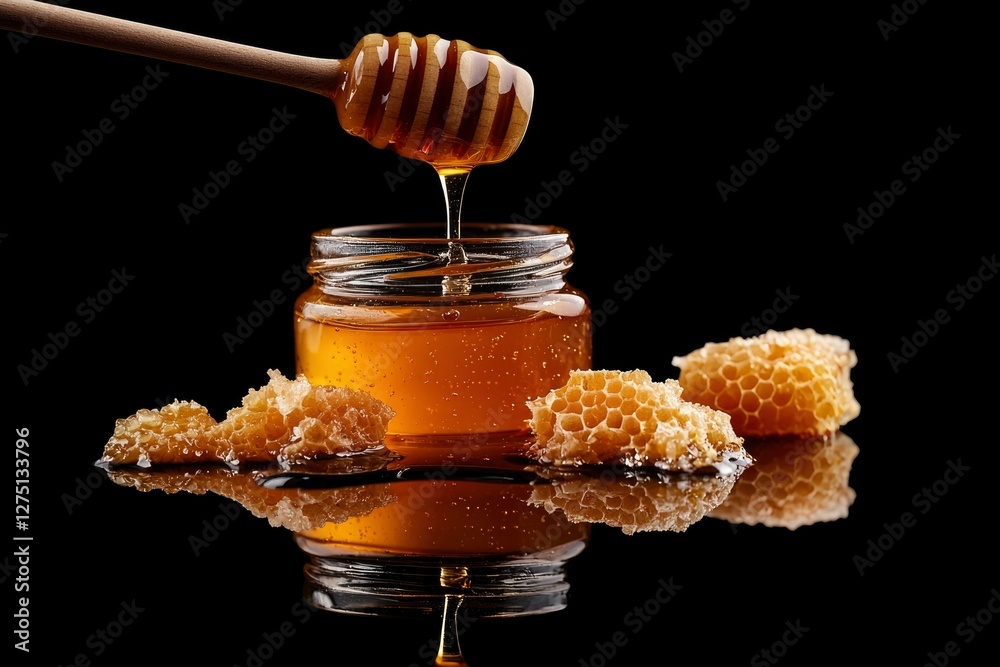 Honey dripping in jar with comb on black backdrop. Perfect for food blog Honey dripping in jar with comb on black backdrop. Perfect for food blog