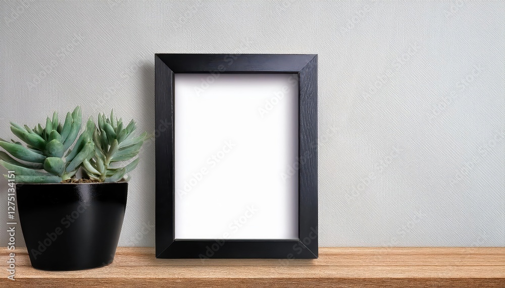 Black Frame Mockup with Succulent Plants on Wood Shelf or Desk Adding a Touch of Green and Natural Beauty to Modern Interiors, Enhancing Calm and Tranquility Black Frame Mockup with Succulent Plants on Wood Shelf or Desk Adding a Touch of Green and Natural Beauty to Modern Interiors, Enhancing Calm and Tranquility