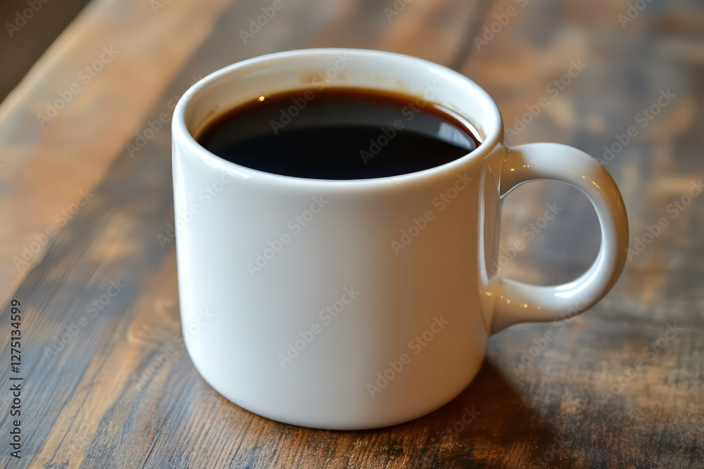 A close-up of a white mug filled with freshly brewed black coffee, sitting on a clean wooden surface. A close-up of a white mug filled with freshly brewed black coffee, sitting on a clean wooden surface.