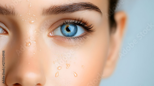 Close-up of a woman's eye with water droplets, showcasing beauty, emotion, and freshness against a soft background.