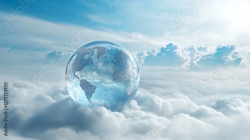 A translucent globe featuring a map of the world rests among the clouds under a blue sky