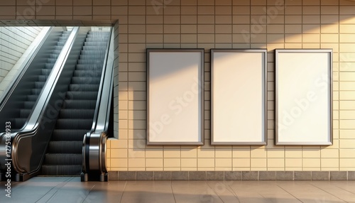 NYC subway station escalator with blank vertical posters mock up. Urban interior design of metro train platform. Advertisement banners background for marketing concept.