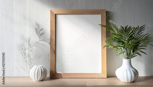 Stunning 3D Rendered Interior with Mockup Frame Close Up, Vibrant Plant in Vase against Rich Home Background, Embracing Organic and Modern Elegance