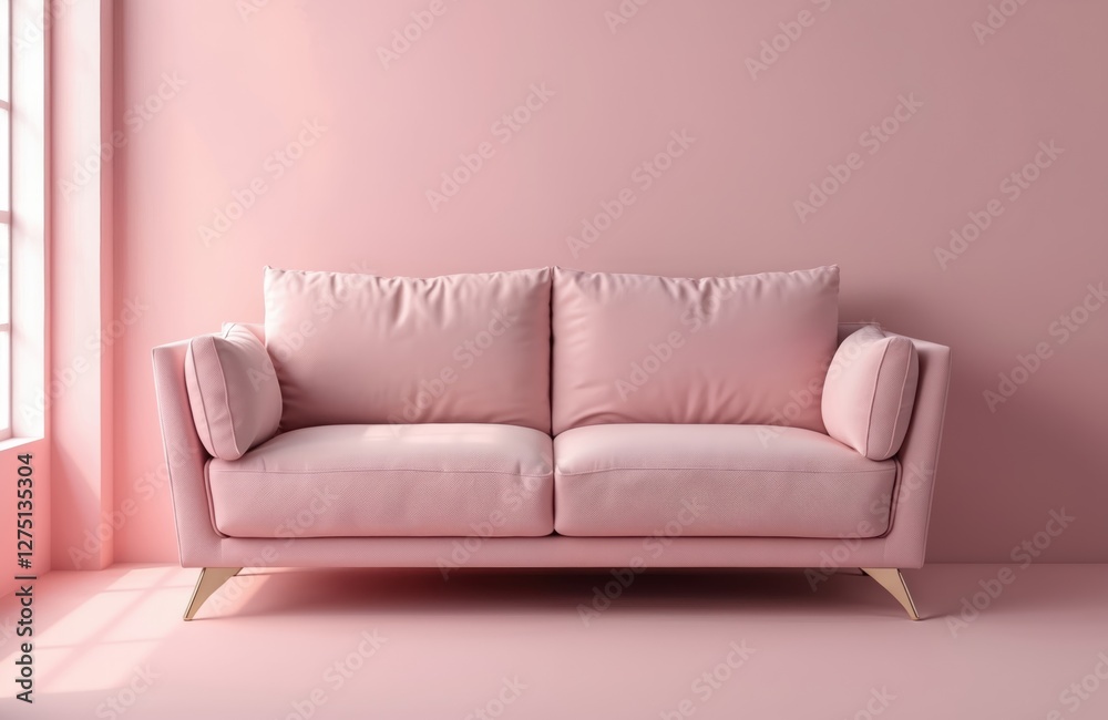 AI generated illustration of soft pink sofa against pink wall. Modern minimalistic living room interior with comfortable couch. Home furniture design with 3D rendering, golden legs. Empty interior AI generated illustration of soft pink sofa against pink wall. Modern minimalistic living room interior with comfortable couch. Home furniture design with 3D rendering, golden legs. Empty interior