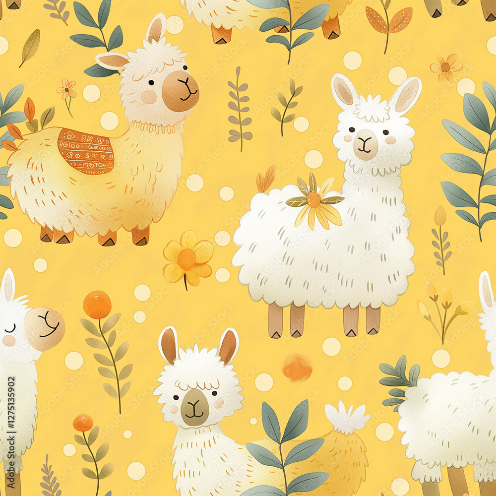 Fototapeta premium Seamless pattern with adorable llamas and floral elements