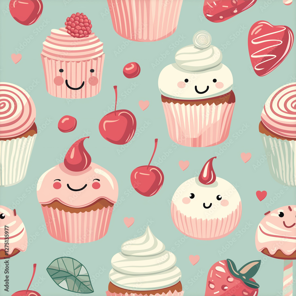 Seamless pattern with cute cupcakes, cherries, and strawberries Seamless pattern with cute cupcakes, cherries, and strawberries