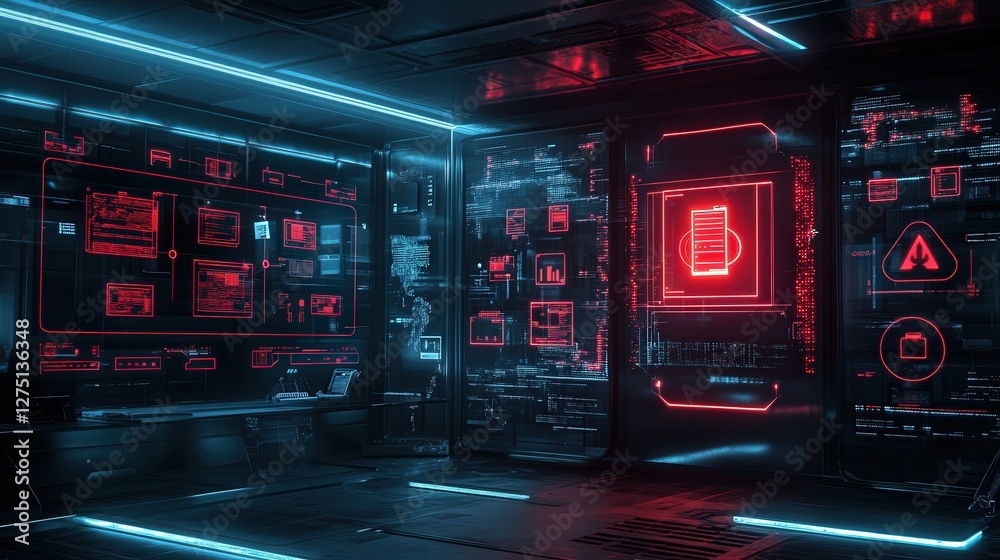 cyber defense system detecting a ransomware breach, with glowing red security alerts and encrypted file icons. cyber defense system detecting a ransomware breach, with glowing red security alerts and encrypted file icons.