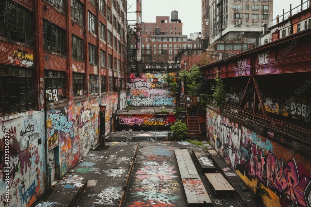 Naklejka premium Urban Decay Graffiti art adorns brick buildings beneath an elevated railway track