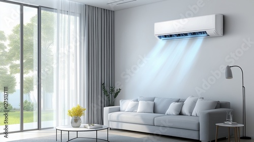 modern living room with a large window on the left side. The window has sheer curtains that let in natural light. On the right side of the window, there is a white air conditioning unit