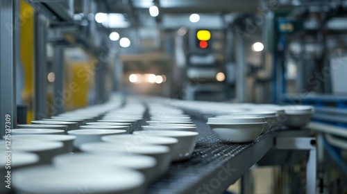 Factory conveyor belt with white bowls photo