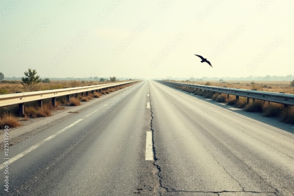 Naklejka premium A solitary bird in flight over a long, straight highway vanishing into a hazy horizon, showcasing the vastness of the open road and the freedom of travel