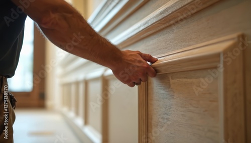 Carpenter installs custom millwork trim molding for luxury condominium lobby renovation. Bespoke woodworking paneling style is showcased on wall. Interior design finishing construction site.