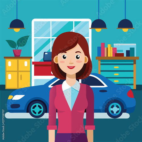 female-salesperson-at-a-car-showroom.eps