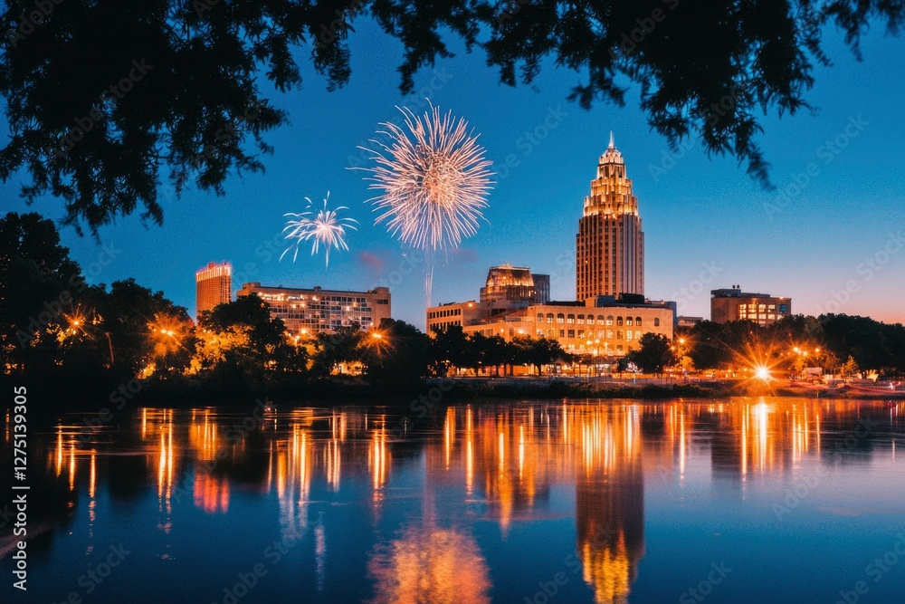 Fototapeta premium Fireworks over city skyline reflected in water at night for holiday celebrations