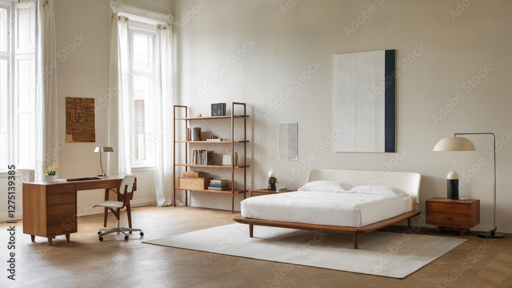 Fototapeta premium Modern Bedroom with Neutral Color Palette and Artwork
