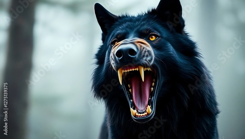 Close-Up of a Ferocious Black Wolf Roaring, Fangs Bared – Blurred Background