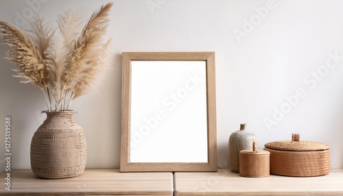 ScandiBoho Style Mockup Frame in a White Minimalist Home Interior with Natural Wood Furniture and Earthy Textures, Exuding a Cozy and Inviting Atmosphere.