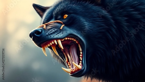 Close-Up of a Ferocious Black Wolf Roaring, Fangs Bared – Blurred Background