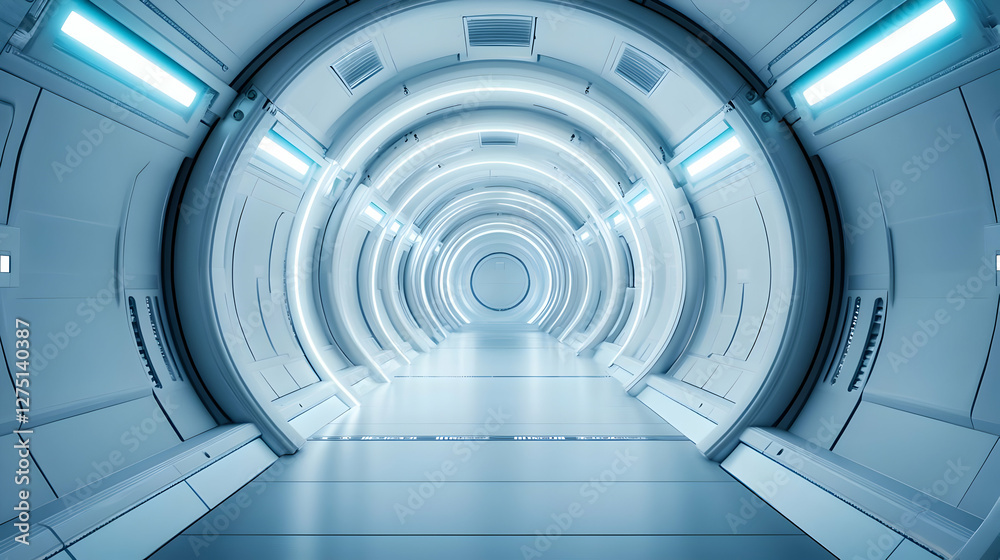Futuristic tunnel interior with sleek design and blue lighting, creating a sense of depth and innovation.