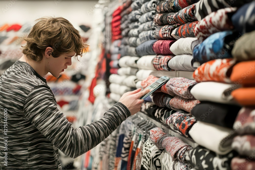 Fototapeta premium A customer flipping through a row of neatly arranged shirts in a trendy fashion store.