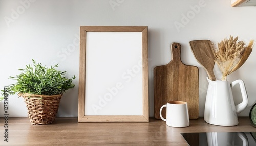 Scandinavian Kitchen Interior Cozy Mockup Frame with Minimalist Design Elements, Radiating a Warm and Inviting Mood
