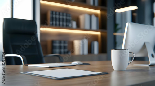 Modern office workspace with a sleek design, featuring a desk, computer, and a cozy chair, ideal for productivity and innovation.