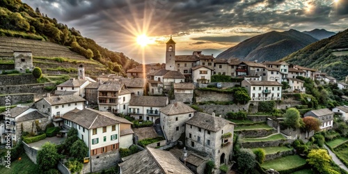 Historic Corippo, Ticino: an aerial view reveals charming stone architecture and terraced landscapes.