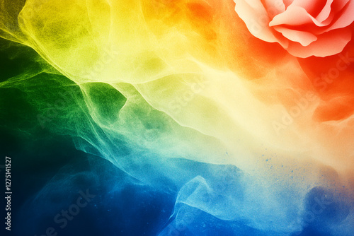 A colorful background with a red rose in the foreground. The background is a mix of blue, green, and yellow colors