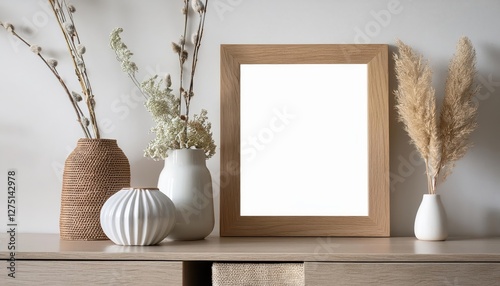 Minimalist 3D Render Closeup of Mockup Frame in Home Interior Scene with Clean Lines and Subtle Textures, Evoking a Calm and Contemporary Aura. photo