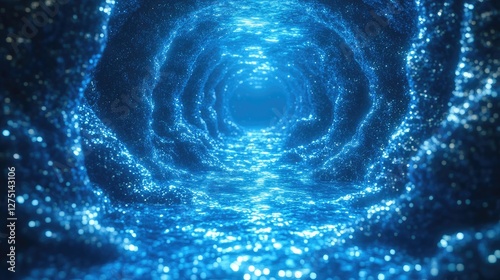 Abstract blue tunnel, glowing particles, futuristic, virtual space, background, digital art, seamless loop