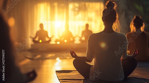 Group yoga practice indoors at sunset.  Possible stock photo use Relaxation, wellness, mindfulness photo