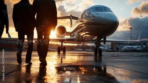 People walking on the tarmac with a private jet against sunset light