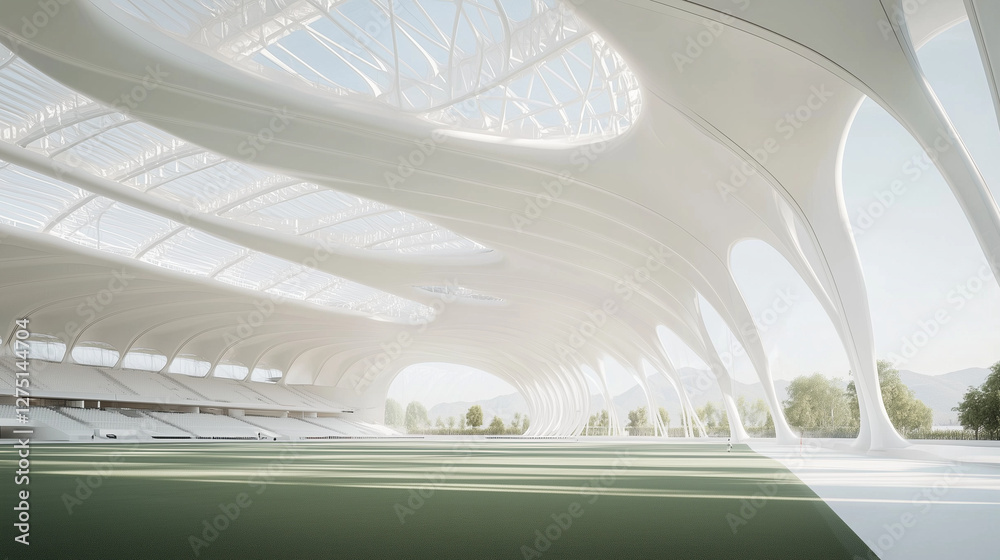 Fototapeta premium Futuristic Stadium Design: An artistic rendering showcasing the architectural marvel of a modern stadium, defined by its organic, flowing forms, luminous interiors, and verdant field.